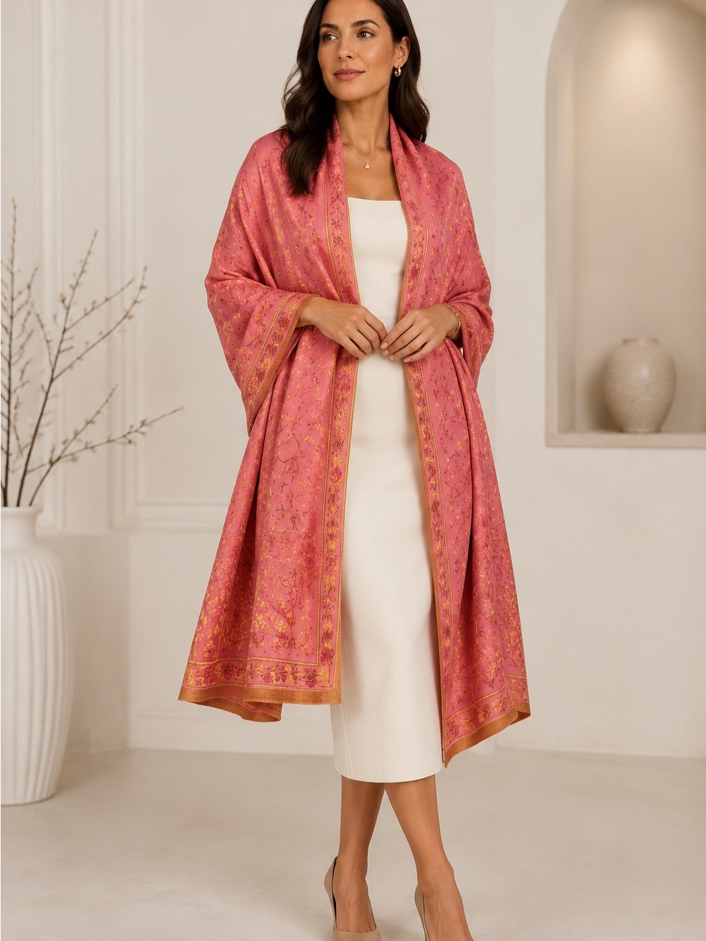 Pashmina Silk Blend Coral Pink Gold Floral Reversible Shawl Wrap Scarf